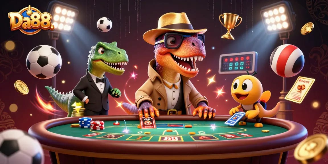 Experience strategic gaming at Da88. A velociraptor card counter sneaks chips while a stegosaurus pit boss watches.