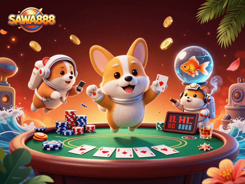 Experience the thrill of gaming with SAWA888's vibrant 3D illustration depicting exciting casino elements.