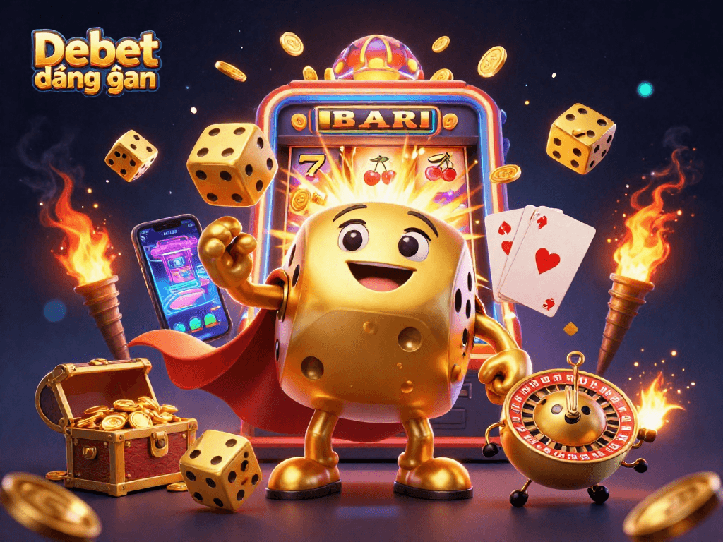 Enjoy thrilling casino action with Debet đăng nhập at a vibrant 3D gaming scene featuring golden dice and slot machines.
