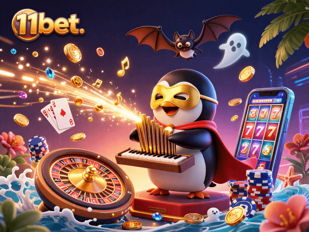 Engage in thrilling play at 11bet. with vibrant 3D casino illustration featuring dynamic game elements.