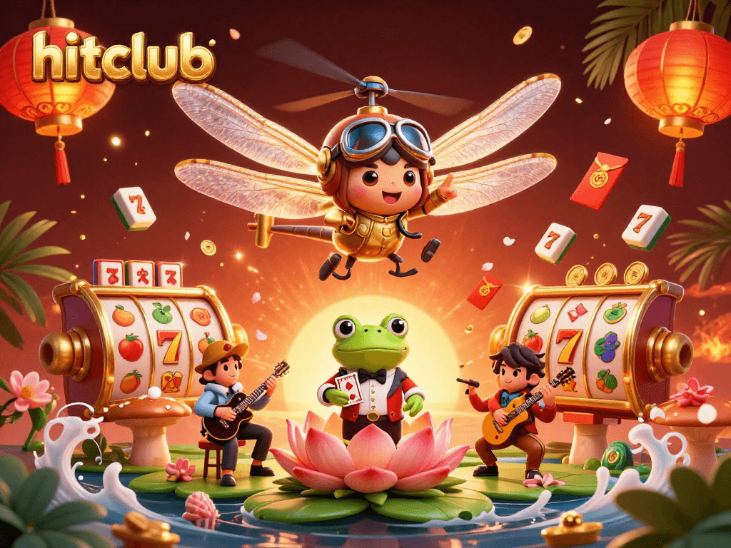Experience hitclub excitement with a dragonfly pilot and frog croupier in a vibrant casino scene.