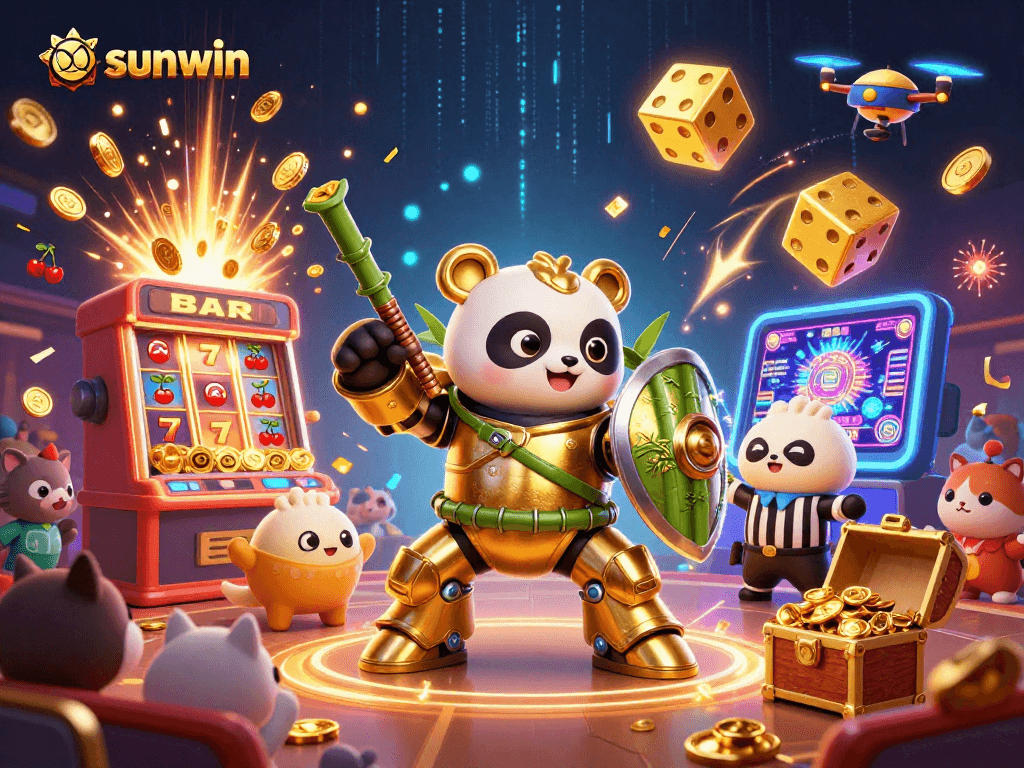 Sunwin casino featuring dynamic 3D illustration with golden panda and jackpot-winning visuals.