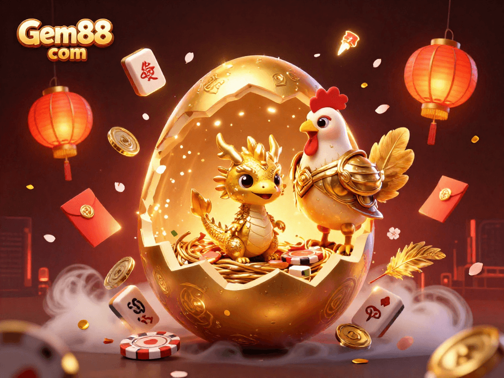 Witness Gem88 com's enchanting scene with a golden dragon amidst poker chips and vibrant gaming elements.