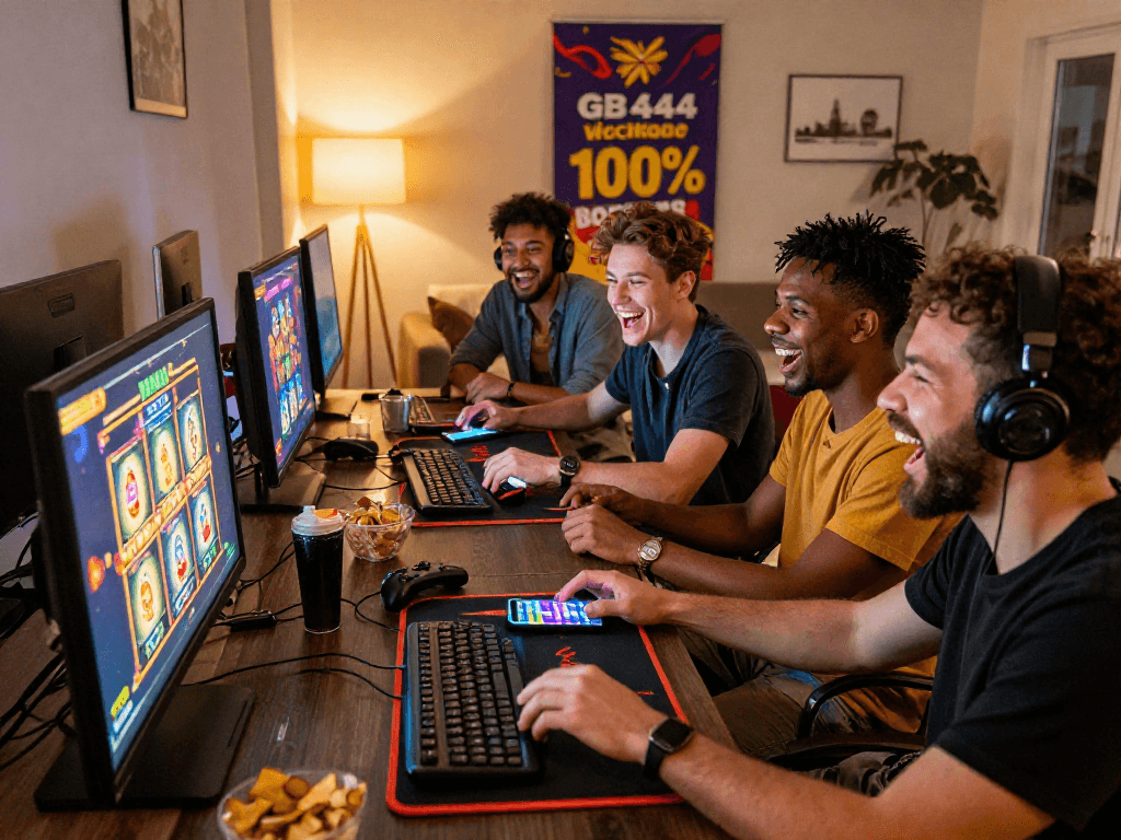 Friends enjoying a gaming night with GB 444 casino games on screen, showcasing excitement and fun.