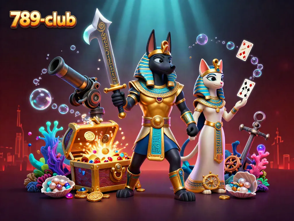Engaging action at 789-club featuring Anubis and Bastet amidst treasure and gaming elements.