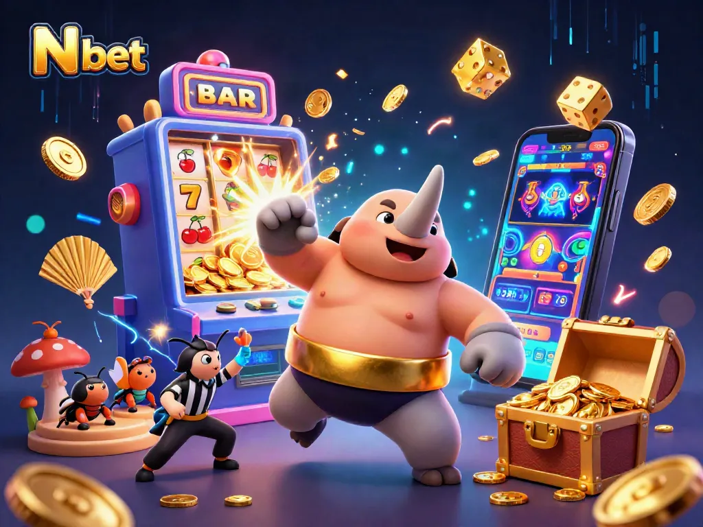 N bet offers thrilling casino action with a dynamic 3D scene of a rhinoceros beetle champion amidst golden coins and a jackpot explosion.