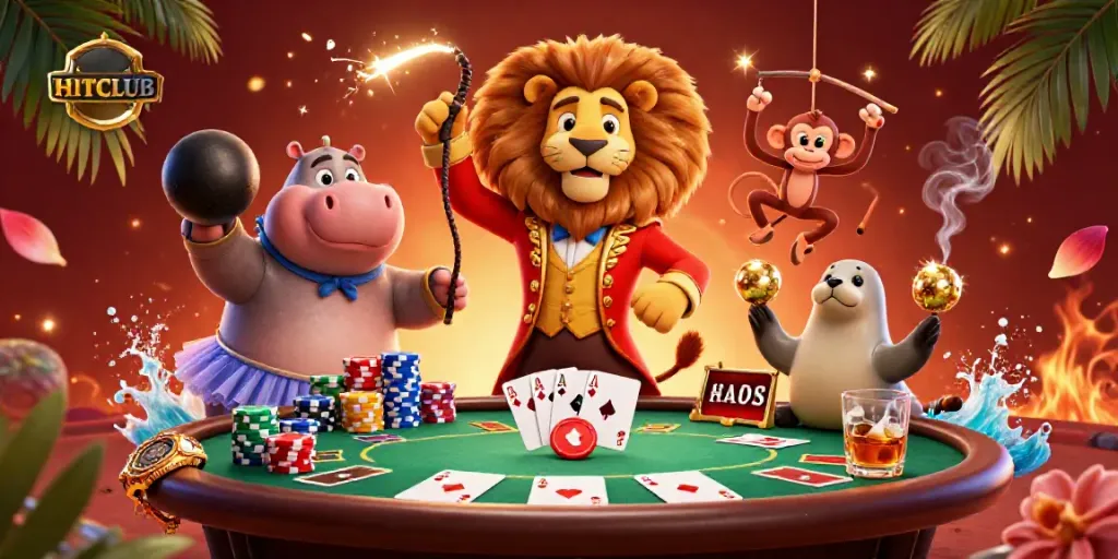 Experience gaming excitement with HITCLUB in a lively casino scene featuring playful characters and poker elements.