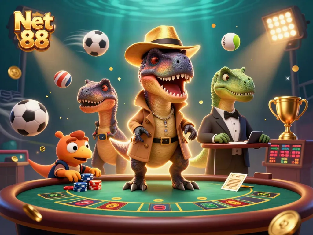 Experience thrilling bets at Net 88 while a velociraptor card counter plots at the blackjack table.
