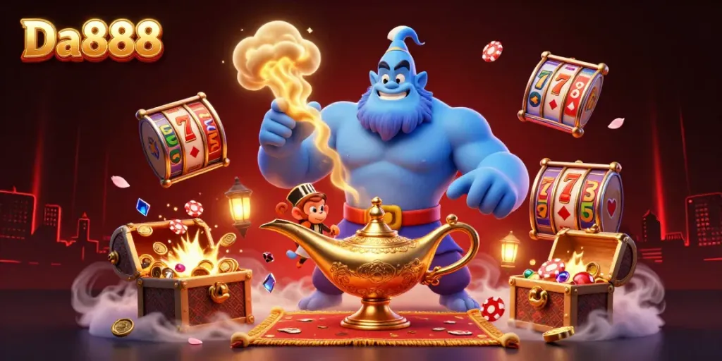 Experience the excitement of Da888 with a vibrant 3D fantasy illustration featuring a genie, treasure, and casino elements.