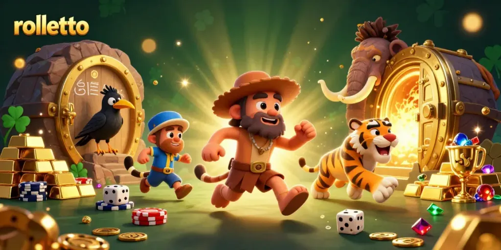 Discover rolletto's dynamic prehistoric casino with lavish golds, gem treasures, and animated characters.