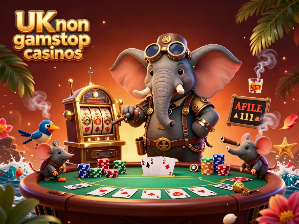 Experience dynamic gaming action at UK non gamstop casinos with a steampunk elephant operating a golden slot machine.