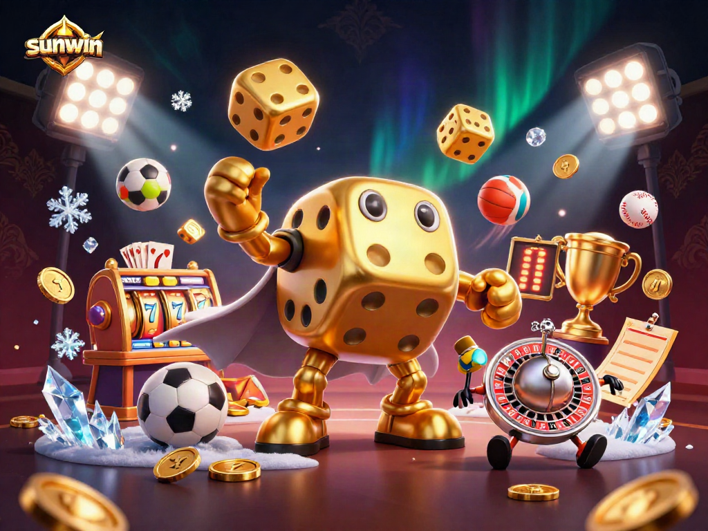 Engage with sunwin's thrilling casino gaming experience featuring a golden dice golem and vibrant slot elements.