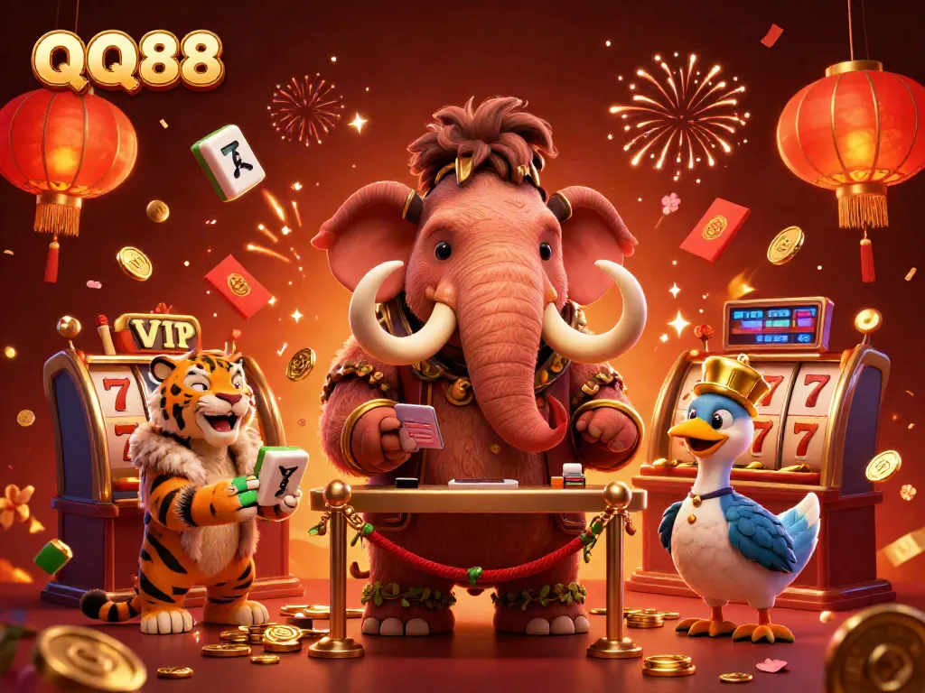 Join the fun at QQ88 with a woolly mammoth bouncer and saber-tooth tiger VIP in this dynamic casino scene.