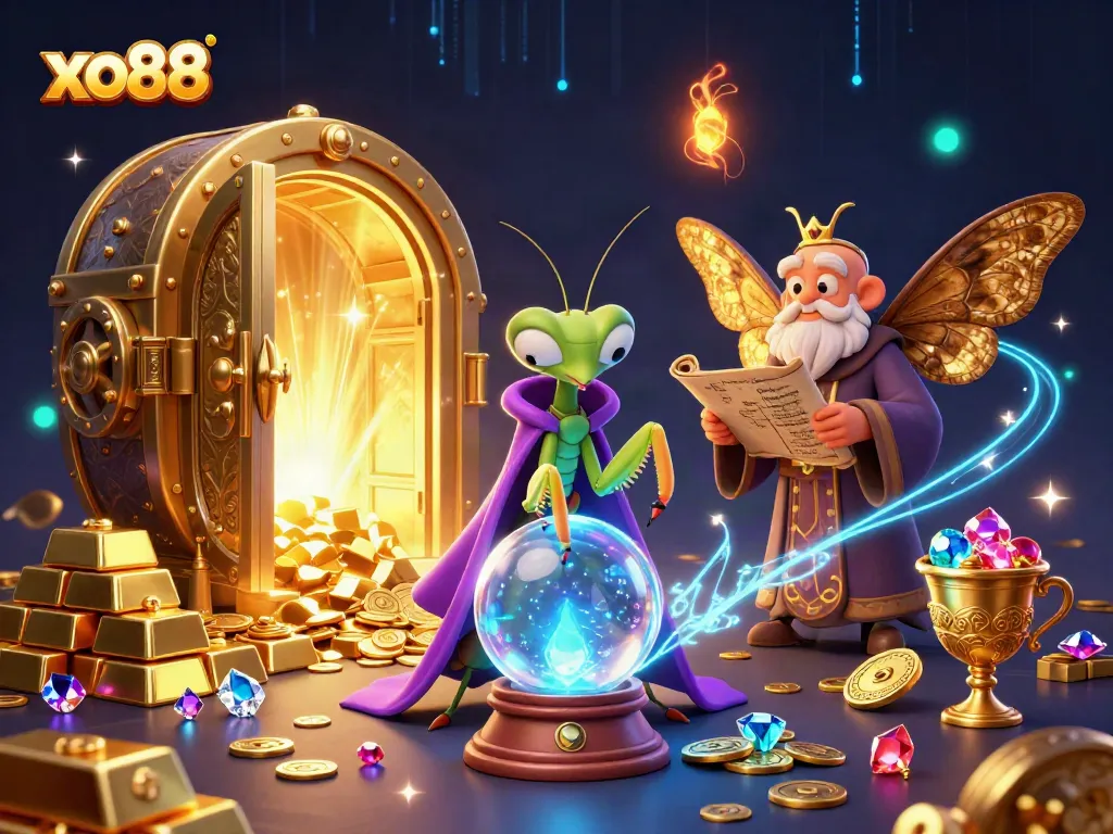 Experience thrilling wins at xo88 with a captivating casino scene featuring magical characters and treasures.