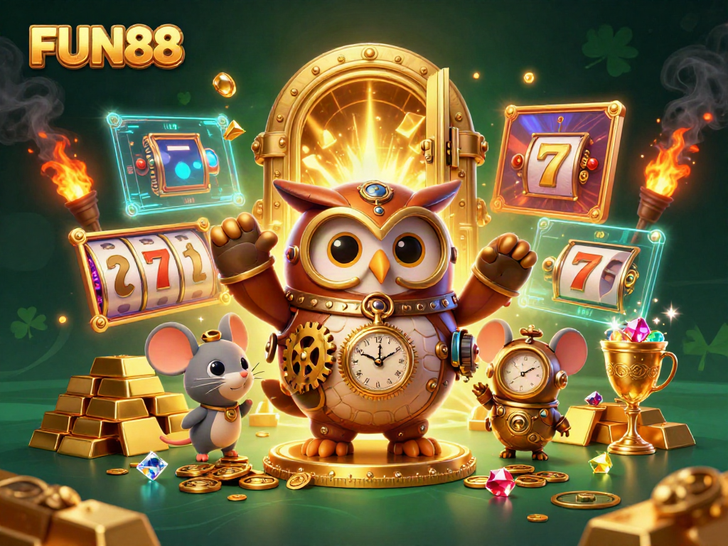 Experience FUN88 with thrilling slot machines and dazzling treasures in a captivating casino scene.
