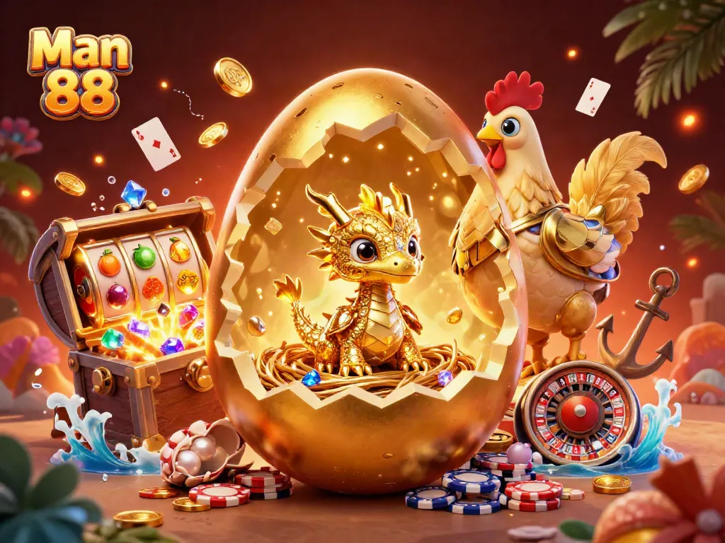 Experience exciting gaming opportunities at Man 88 with golden dragon and poker chips.