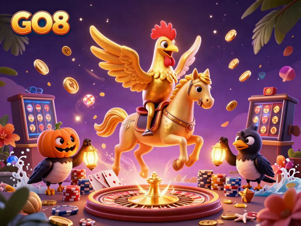 Experience the vibrant atmosphere of the GO8 casino with golden features, festive characters, and thrilling gaming elements.