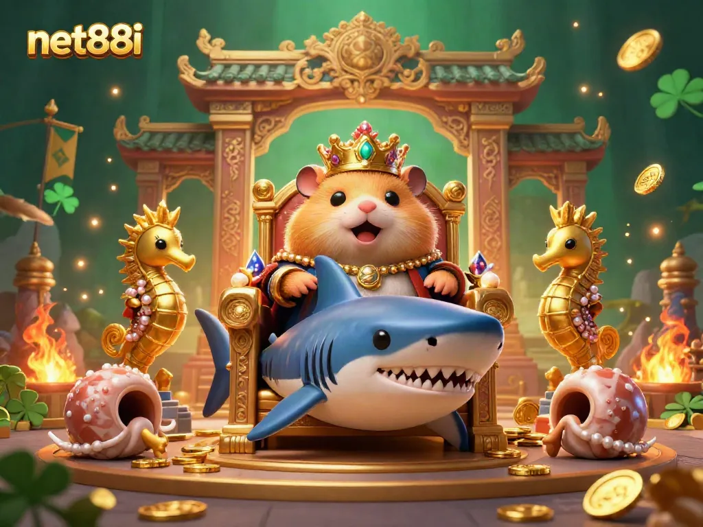 Experience thrilling games at net88i with a dynamic scene featuring a hamster king, seahorse guards, and vibrant gaming elements.