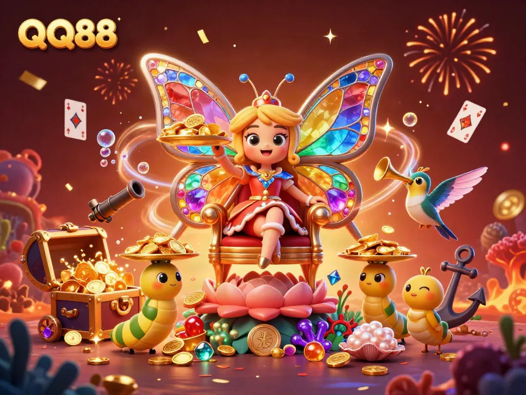 Experience QQ88's vibrant gaming world with a magical butterfly queen and treasure-filled underwater adventures.
