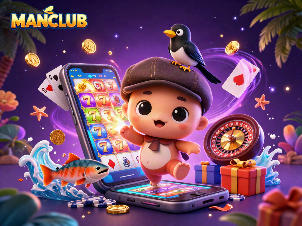 Spin the reels with MANCLUB's unique gaming experience featuring vibrant characters and casino elements.