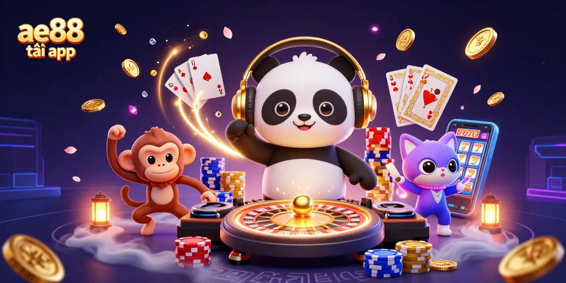 Experience ae88 tải app with vibrant casino characters, spinning wheels, and glowing gems.