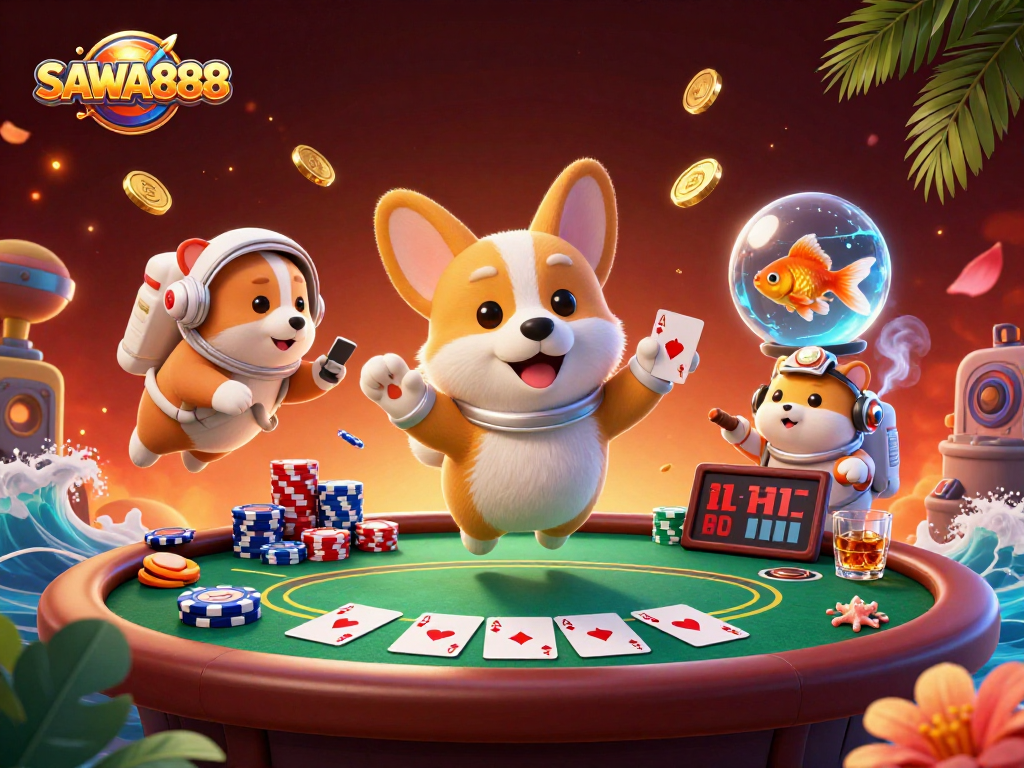 Experience the thrill of gaming with SAWA888's vibrant 3D illustration depicting exciting casino elements.