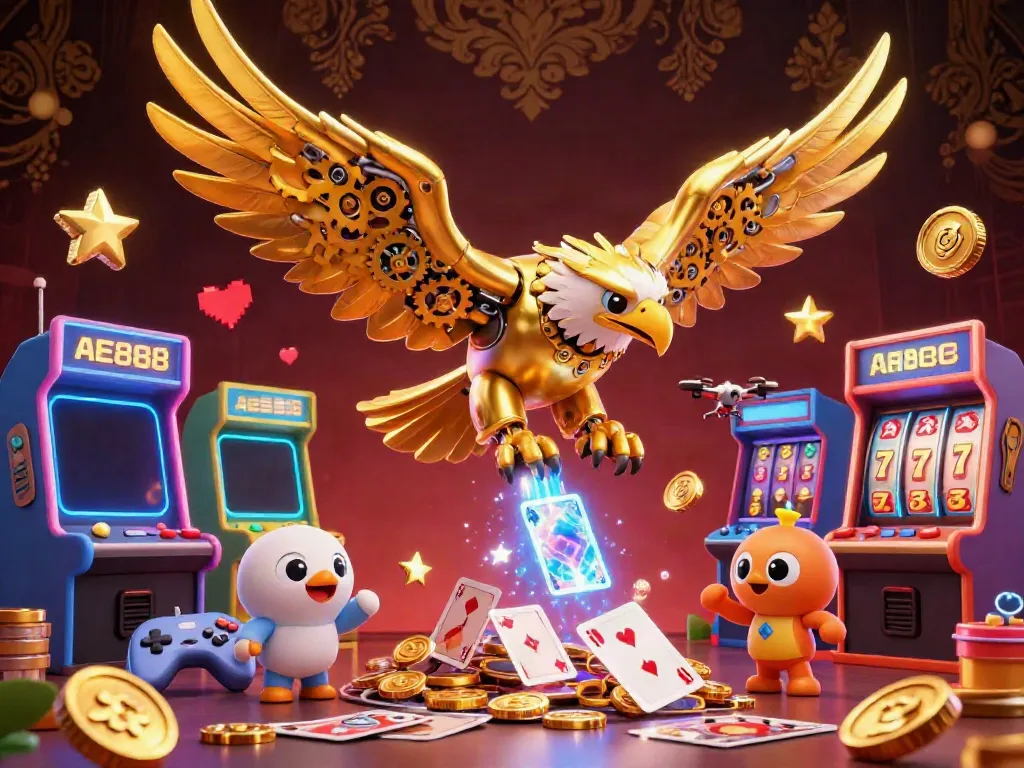 Dive into winning action with AE888's golden eagle surrounded by holographic playing cards and casino elements.