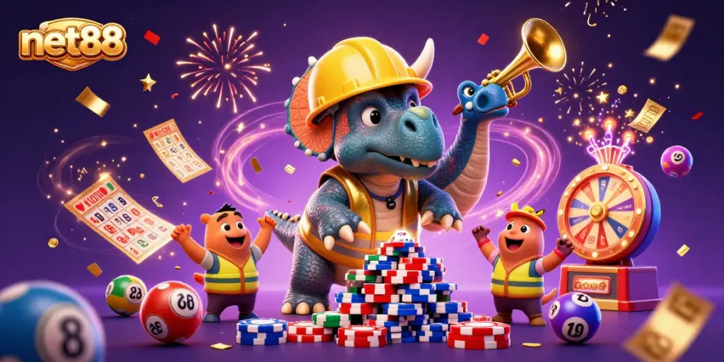 Celebrate winnings with net88 as a triceratops builds poker chip pyramid amid dynamic gambling elements.