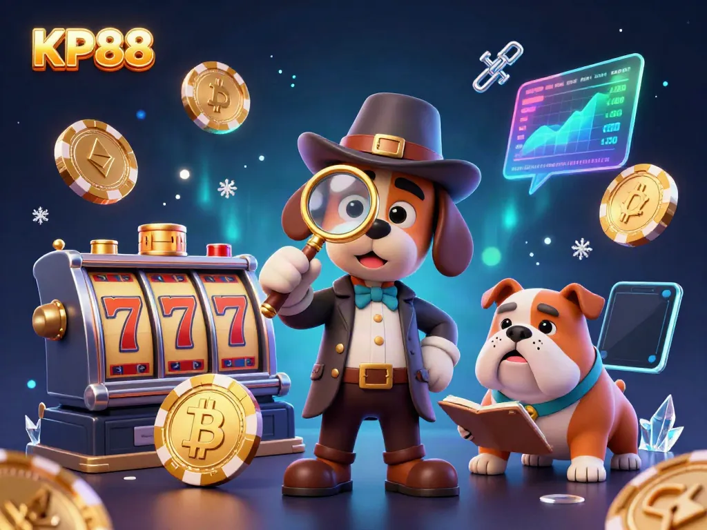 Experience KP88 with a detective cartoon dog examining a poker chip among casino elements, attracting players.