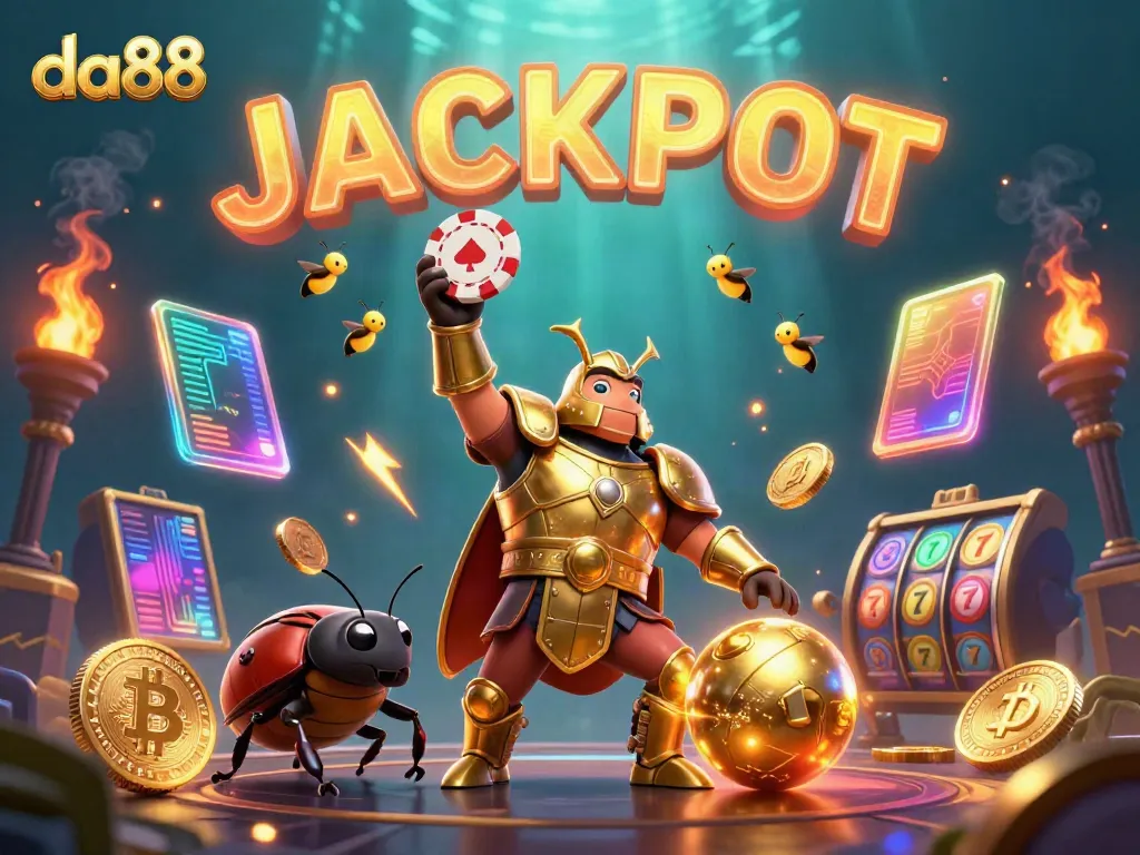 Experience winning excitement at da88 with vibrant 3D casino scene highlighting the jackpot alongside cartoon beetle characters.