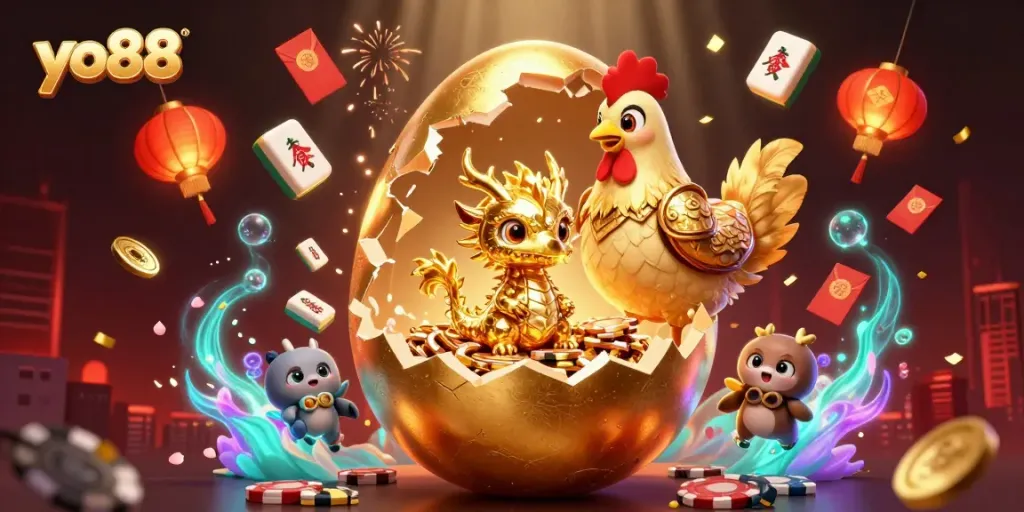 Experience the thrill of winning with yo88's vibrant 3D casino illustration featuring dragons and poker chips.