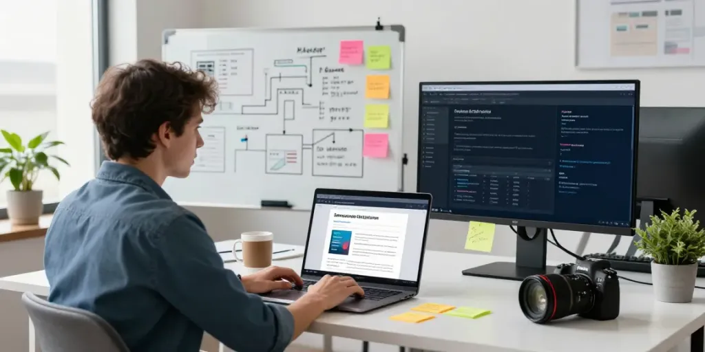 Creating sponsored software articles in a modern office with a content strategist at a desk.