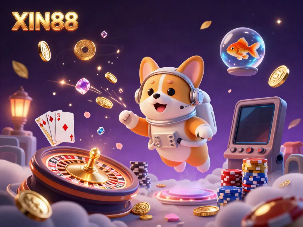 XIN88 offers immersive gaming with a floating corgi astronaut and treasure in a vibrant casino.