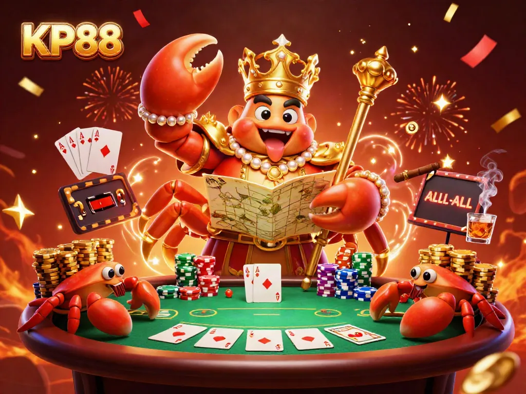 Engage with the vibrant KP88 scene of a golden crab emperor surrounded by poker elements and celebration details.