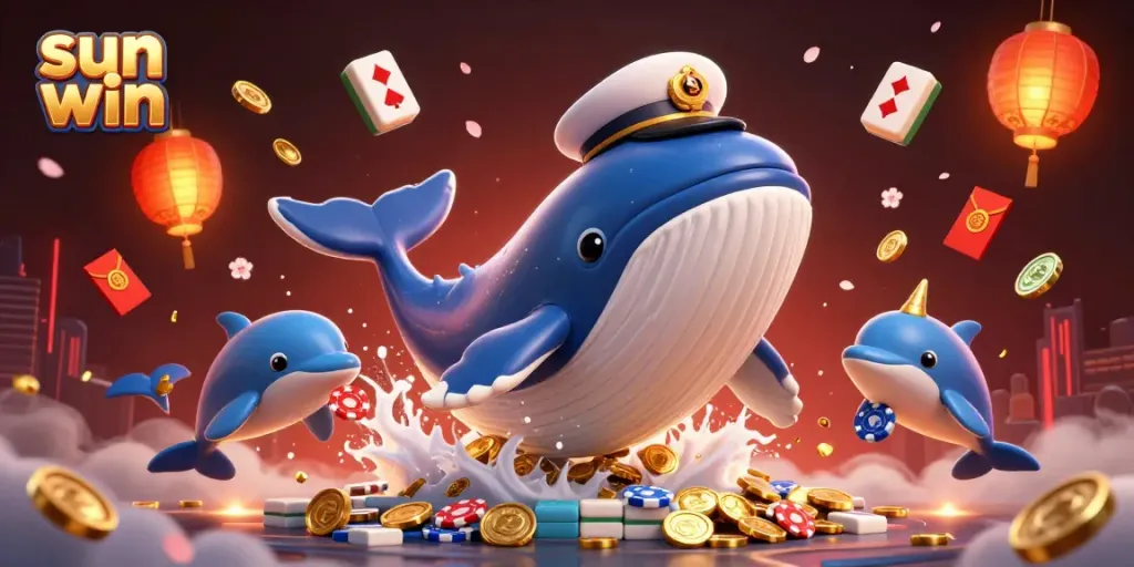 Join the thrilling action at sun win with a 3D whale, narwhal, and playful dolphins amidst vibrant casino elements.