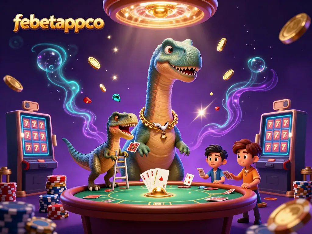 Experience the excitement of febetappco with a lively 3D casino scene featuring vibrant characters and game elements.