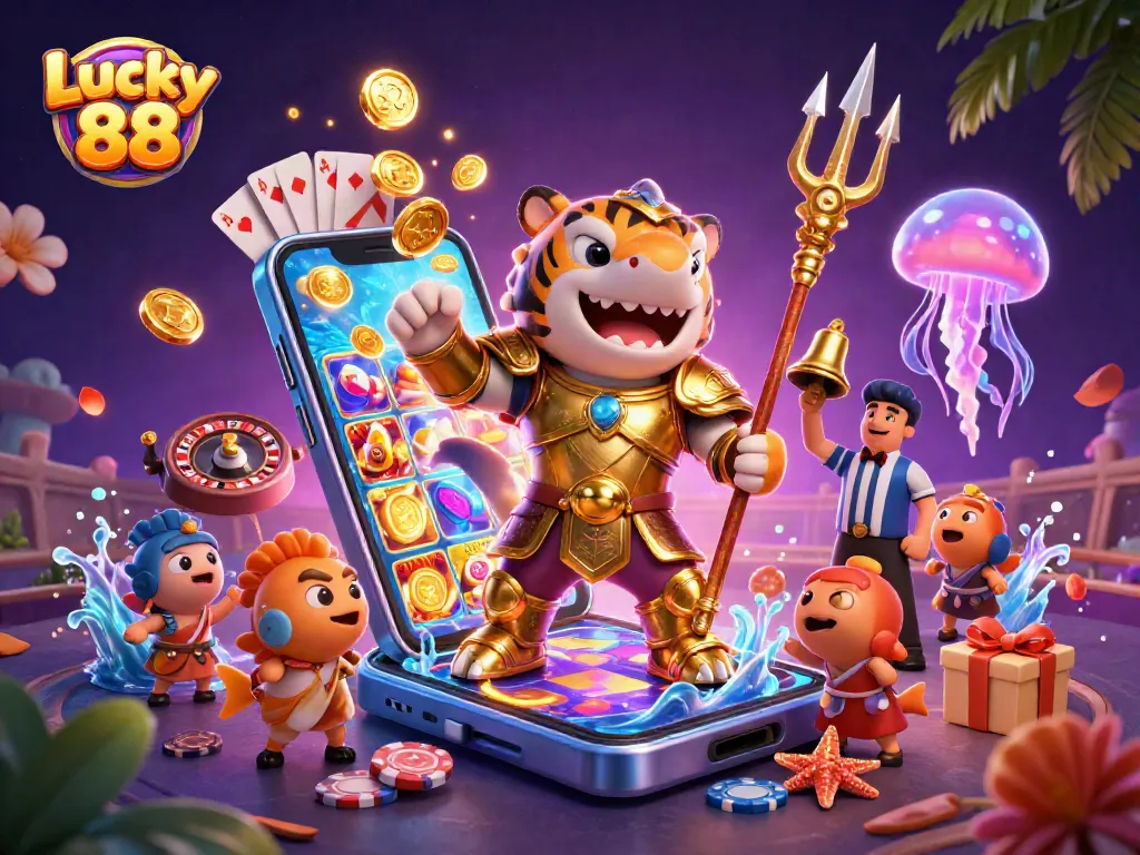 Experience Lucky 88 with a 3D cartoon tiger shark in gladiator armor surrounded by exhilarating casino elements.