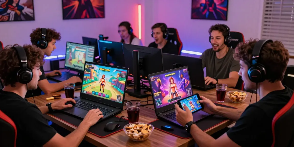 Engaged gamers playing diverse porn games on laptops and mobile devices in vibrant atmosphere.