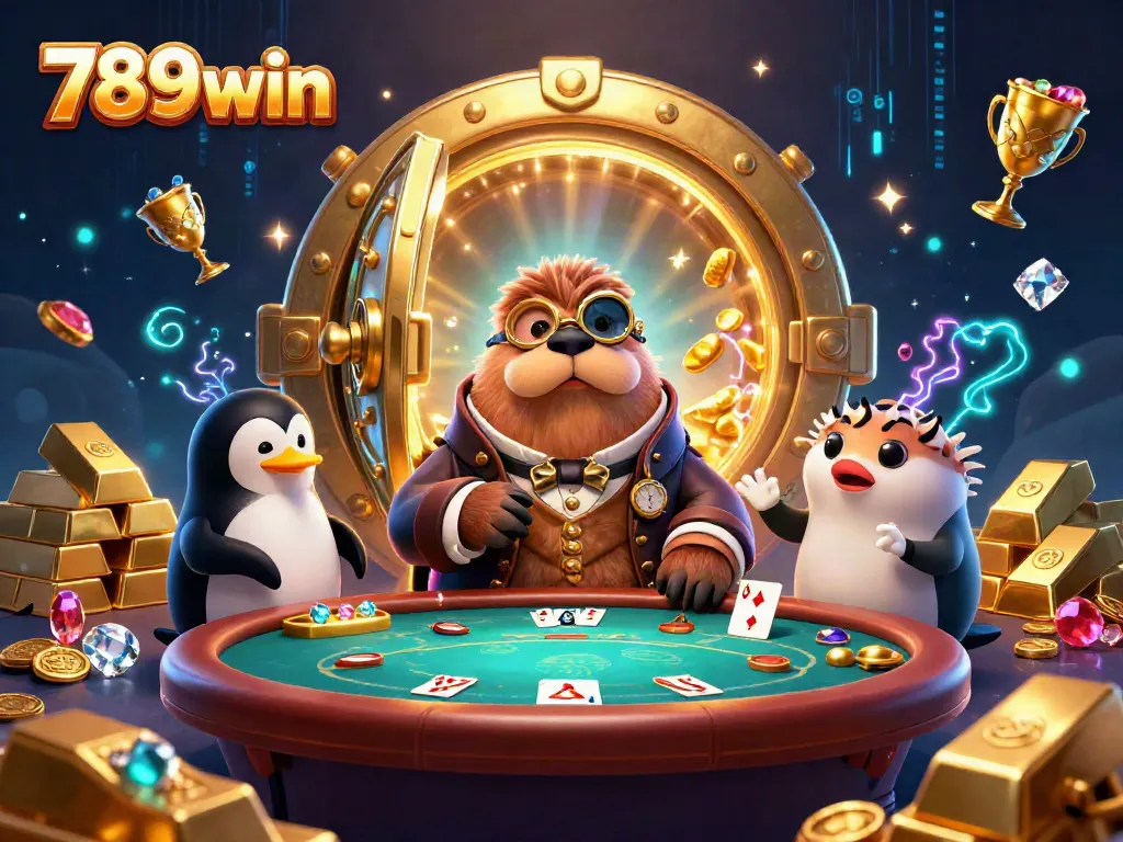 The jolly walrus at an underwater poker game symbolizes winning chances with 789win in a vibrant casino scene.