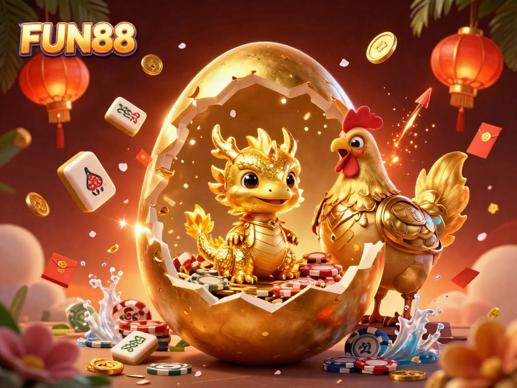 Experience FUN88's thrilling gameplay with a golden dragon over poker chips in a vibrant casino scene.