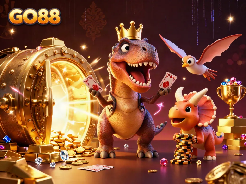 GO88 themed illustration of a friendly T-Rex shuffling cards with a pterodactyl assistant and a triceratops stacking chips.