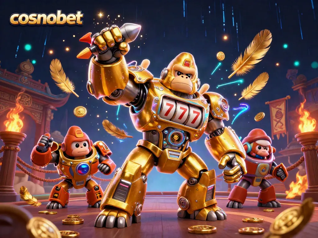 Experience thrilling gaming action at cosmobet with a dynamic golden gorilla mech and exciting casino elements.