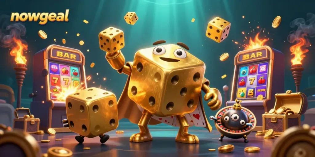 Engage with nowgoal's dynamic golden dice golem and jackpot festivities in this vibrant casino scene.