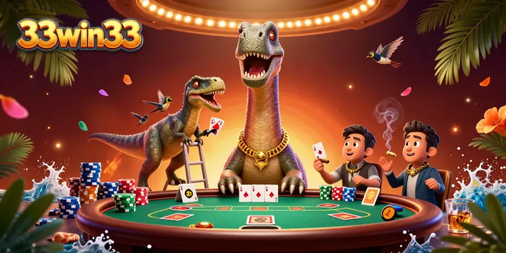 Engage with 33win33's thrilling poker scene featuring a giant brontosaurus and raptor dealers.