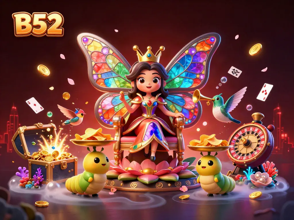 Experience the vibrant world of B52 with its enchanting butterfly queen and dynamic casino elements.