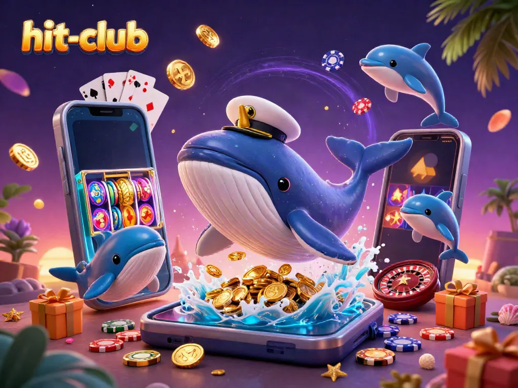 Join the hit-club experience with a playful whale and vibrant casino elements celebrating winnings.