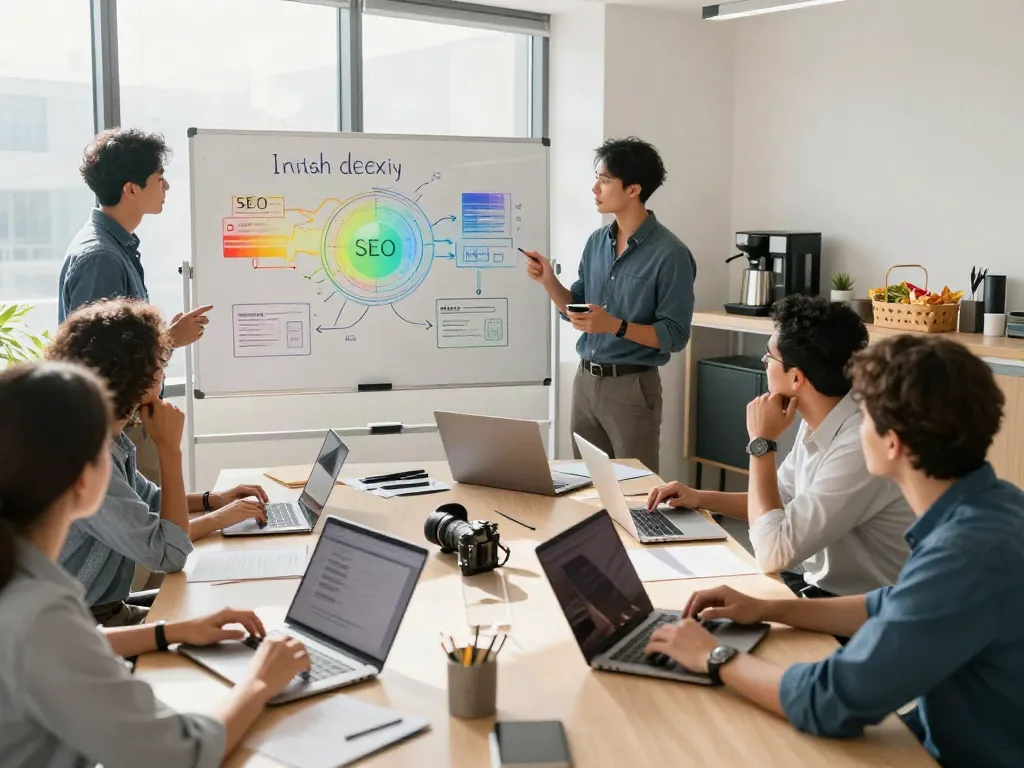 SEO team discussing instant indexing strategies in a bright office