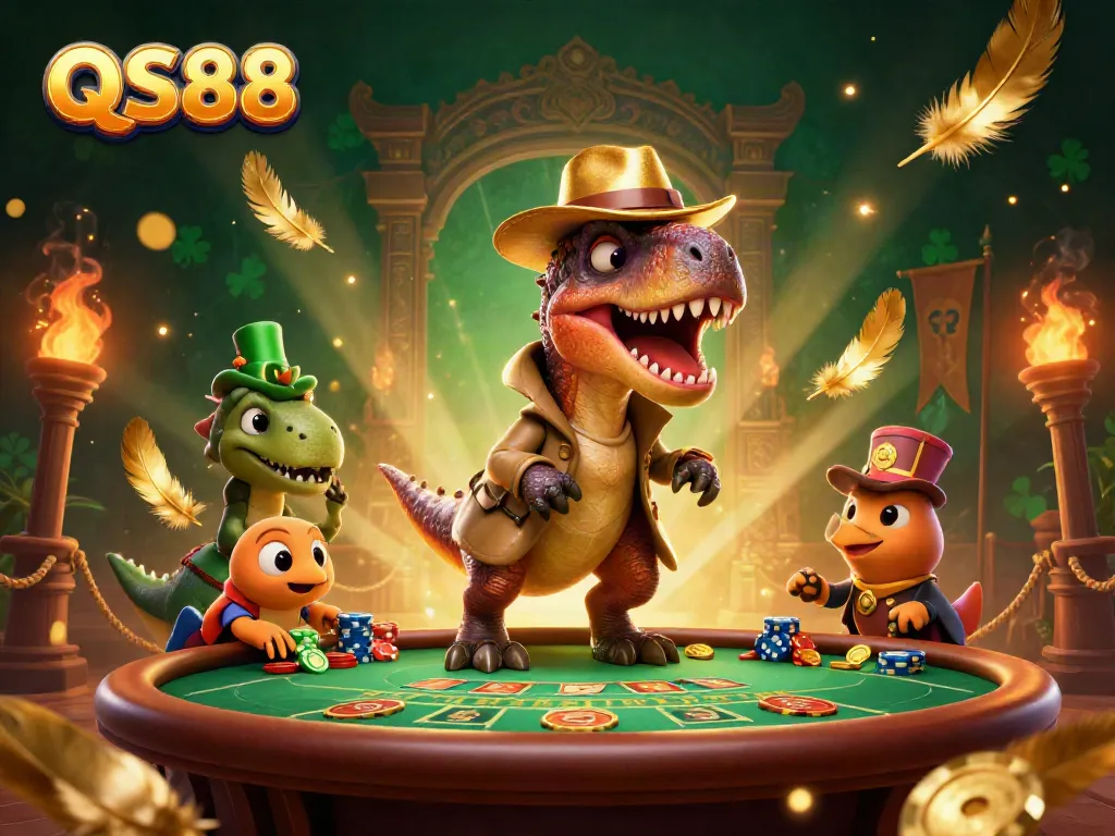 QS88 velociraptor at blackjack table with stegosaurus pit boss, dynamic casino scene.