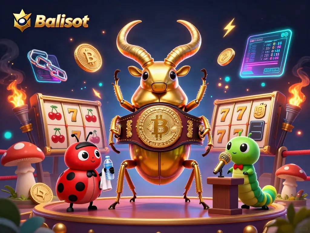 Experience Balislot excitement with a vibrant 3D scene featuring a giant beetle boxing champion and engaging casino elements.