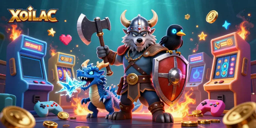 Experience thrilling action with XOILAC’s Viking warrior, dragon, and raven amidst colorful casino themed elements.